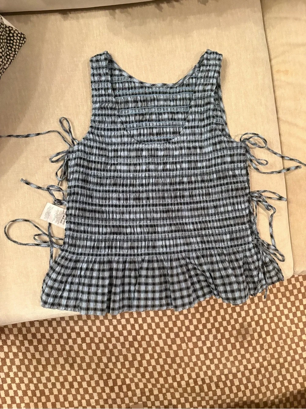 Ganni Seersucker Smocked Gingham Tank Top - Picture 3 of 5